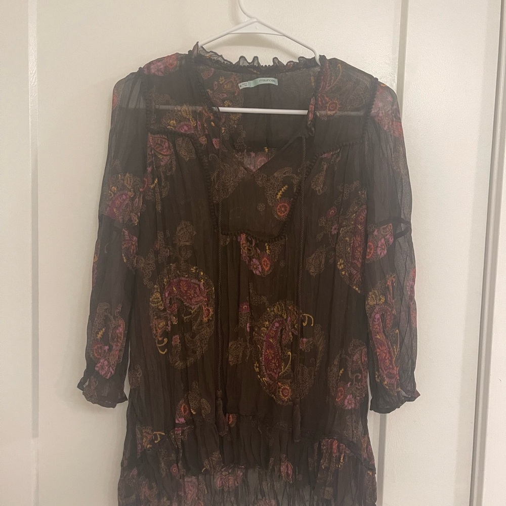 Maurices Floral‎ Sheer Boho Cottagecore Blouse Brown Pink Frills Ruffles